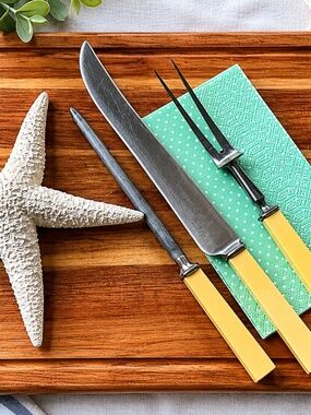 Vintage Sheffield Carving Set MCM Cream Handle 3 Pce
